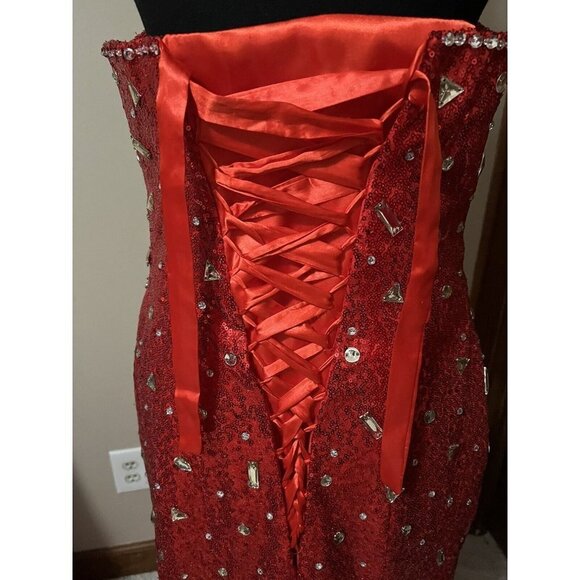 Long Red Sequin Dress with Corset Back Sweetheart Neckline Size Medium - Picture 7 of 9